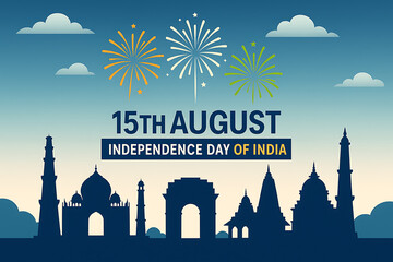 Celebrating india s independence day with vibrant fireworks above iconic landmarks and a patriotic blue background