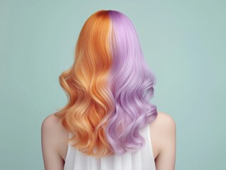 Fototapeta premium Vibrant split-dye hair: a fusion of fiery orange and dreamy lavender curls