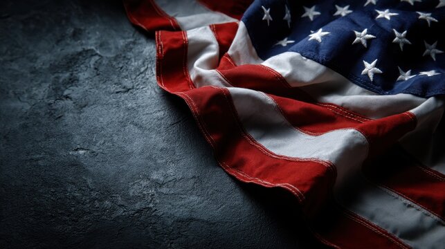 American flag draped on dark surface with textured background.