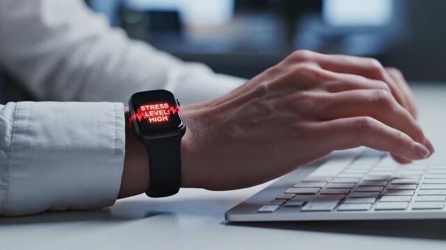 A professional person types rapidly on a white keyboard as their smartwatch triggers a high stress level alert with red text. The scene illustrates the impact of overwork on personal well-being.