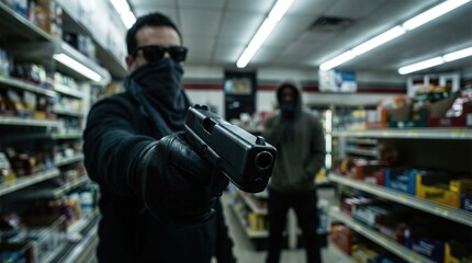 Naklejka premium Armed individual in dark clothing, wearing sunglasses and a mask, points a handgun inside a convenience store, creating a tense atmosphere of crime and danger