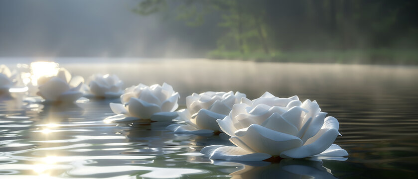 Glowing, translucent white roses float serenely across the sunlit surface of a crystal-clear forest lake. A soft landscape of pine forests and fog lingers in the background. - Powered by Adobe