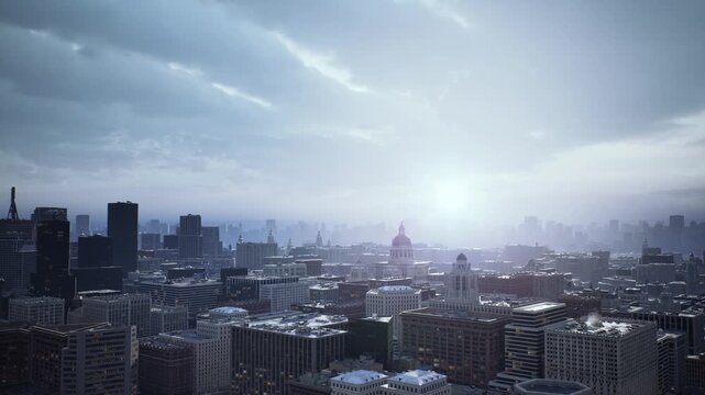 sunrise over urban skyline, cool light and soft haze aerial panorama of dense buildings and distant skyscrapers under moody clouds, reflective glass catching