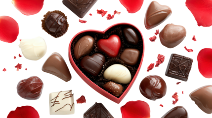 Heart shaped box full of chocolates with petals falling around valentine's gift and love and romance theme concept in transparent background