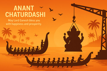 Anant Chaturdashi celebration depicts ganesh idol immersion with boats a crane palm trees and birds against a warm sunset backdrop