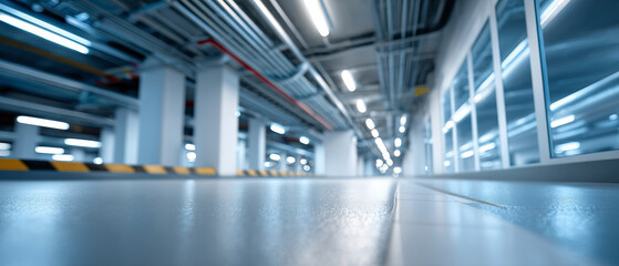 Obraz premium Modern underground parking garage interior with polished concrete floor and bright overhead lighting in a spacious industrial setting