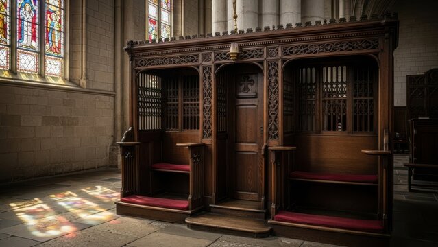 A beautifully crafted wooden confessional booth in a historic church with stained glass windows and red cushions