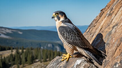 Peregrine Falcon in majestic pose on rocky cliff with clear blue sky and warm sunlight for wildlife conservation