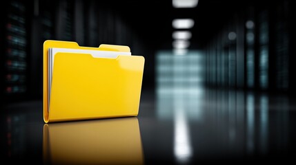 Yellow folder icon containing white documents in a blurred digital data center server room