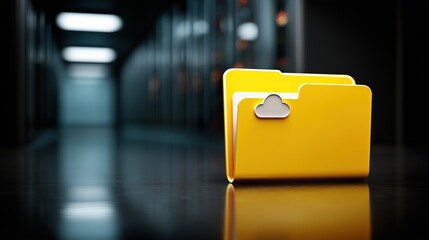 Yellow cloud folder icon in a blurred digital data center for cloud computing storage