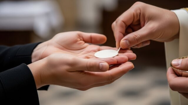 A priest hands a communion wafer to a worshiper in a church during a religious ceremony