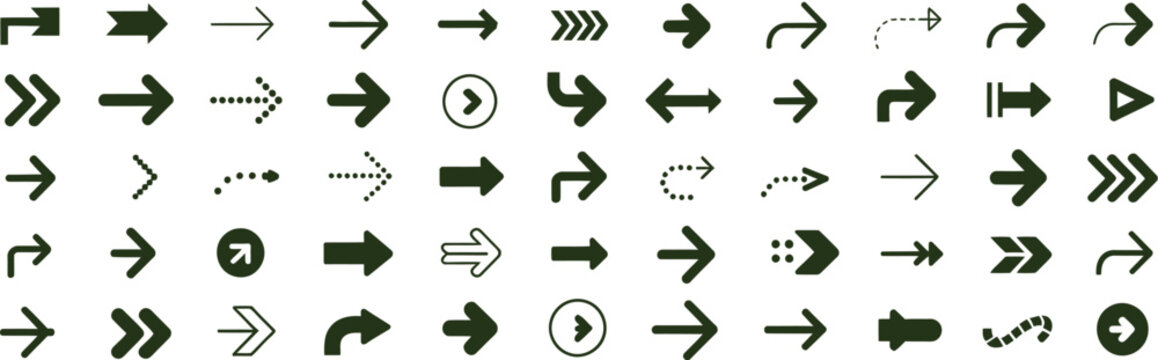 A collection of various dark green arrow icons depicting direction movement and navigation ideal for user interfaces on transparent background high-quality professional detailed modern elegant