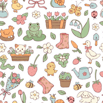 Spring kawaii doodles seamless pattern for nursery prints, wallpaper, scrapbooking, stationery, wrapping paper, textile, digital paper, packaging, etc. EPS 10