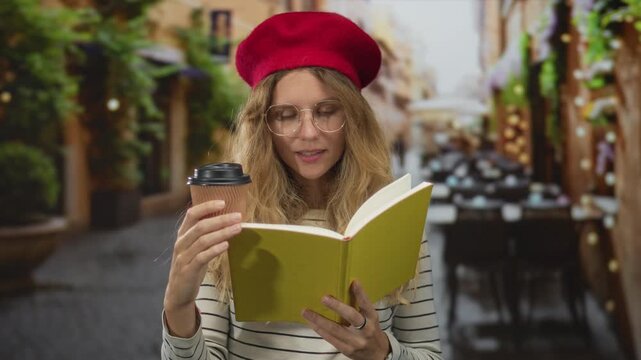 Woman browsing book prefaces reading near a street cafe counter with coffee beside a blonde young glasses model in an outdoor atmosphere.