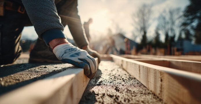 Construction workers installing wooden formwork for a concrete foundation on a sunny day