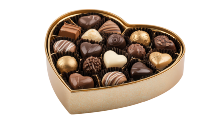 Heart shaped box of assorted gourmet chocolates for valentine's day or romantic gift concept filled with dark milk white and gold foil wrapped sweets