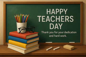 A charming still life depicting teacher appreciation books glasses colored pencils and a chalkboard with a happy teachers day message