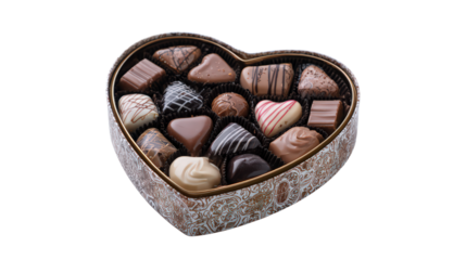 Heart shaped box of assorted gourmet chocolates for valentine's day or romantic gift concept filled with dark milk white and striped chocolates