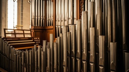 Obraz premium A large pipe organ in a church with rows of pews and a stained glass window