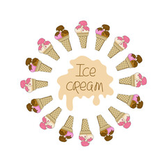 Round frame. Hand lettering. Ice cream in waffle cone. Drawing, inscription. Ice cream, food, dessert color summer poster, banner, menu, recipe design, restaurant, cafe, menu, ice cream shop.
