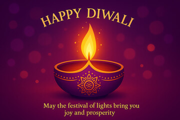 A vibrant illustration showcases a lit diya lamp with the text happy diwali above and a blessing below symbolizing the festival of lights