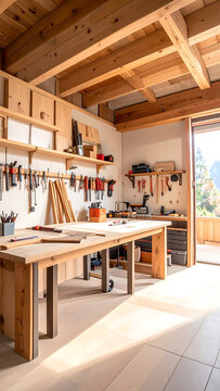 Woodshop workshop with tools hanging on wall and workbench under wood ceiling, and bright light entering