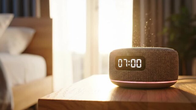 Cinematic closeup of digital clock transitioning from night to morning in bedroom. Smart alarm device on wooden table glows as sunrise light enters through window for daily wake-up routine.