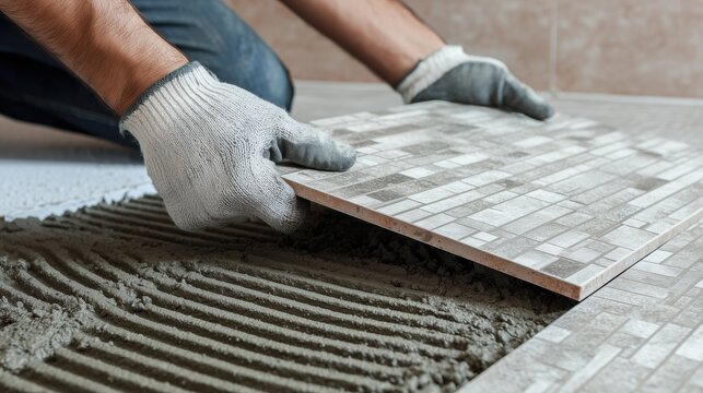 Professional tiler installing decorative patterned ceramic floor tiles on fresh mortar adhesive