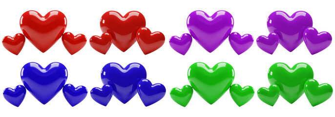 glossy multicolor 3d heart set with shiny red purple blue green love symbols isolated on black