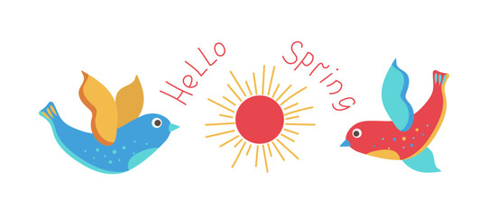 Abstract flying birds and sun. Banner with hand lettering. Hello, spring. Cute animals. Isolated on a white background. For colorful greeting card or invitation.