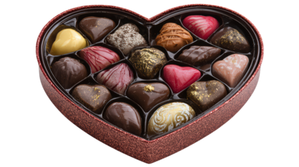 Heart shaped box of luxury gourmet valentine chocolates assortment presented as gift for lovers with various flavors for celebrating anniversary and holidays