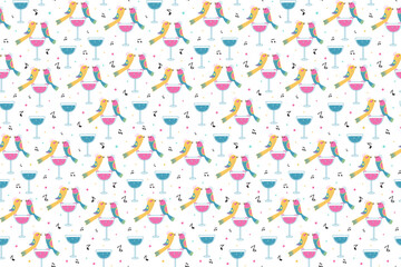The pattern is seamless. Abstract bright fantasy birds and a wine glass. Singing birds, musical notes. Color illustration with alcoholic drinks and a couple of cute animals.