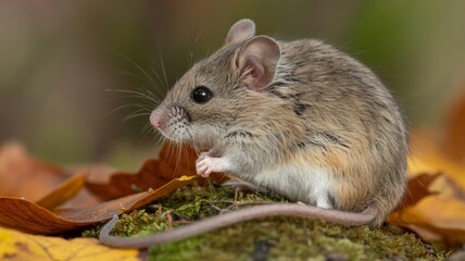 Small mouse in natural habitat with autumn leaves in warm soft lighting for wildlife photography