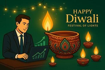 A businessman working on a laptop while observing a traditional diya lamp during the happy diwali festival of lights celebration