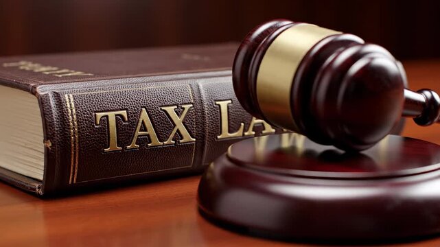 CloseUp Gavel On Tax Law Book, Polished Wood Desk And Authoritative Atmosphere Dramatic Lighting Emphasizes Legal Text, Judge Role Implied, Careful Focus On Mallet And Embossed Cover