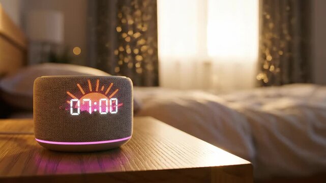 Cinematic closeup of digital alarm clock on bedside table ticking from 6:59 to 7:00 with sunrise icon. Morning wake-up activation in cozy bedroom for daily routine concept.