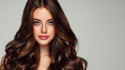 Naklejka premium Young caucasian female with long brown hair and vibrant eyes.