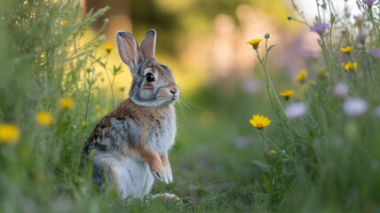 Rabbit in lush green meadow with vibrant wildflowers in soft natural lighting for wildlife photography