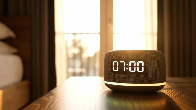Cinematic closeup of digital alarm clock reaching 7 am on bedside table. Morning light filters through bedroom window as glowing smart speaker shows time transition from 6:59 to 7:00. Wake-up device