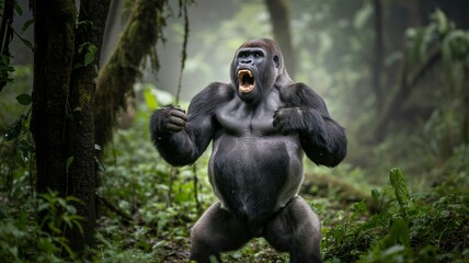 Aggressive Gorilla in Fierce Stance with Dramatic Lighting in Lush Rainforest for Wildlife Conservation