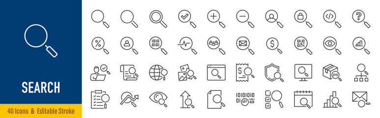 Fototapeta na wymiar Search web icons in line style. Magnify glass, web search, find document, interface, collection. Editable stroke. Vector illustration.