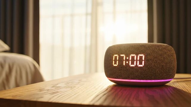 Cinematic closeup of smart speaker clock changing time from 7:59 to 7:00 on wooden bedside table. Glowing digital display in bedroom with curtains and morning light for wake up alarm concept.