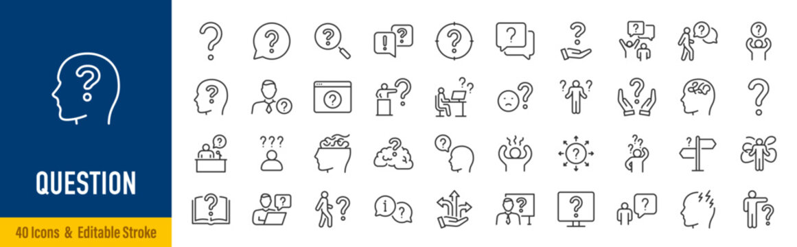 Question web icons in line style. Question mark, insecure person, confused, quiz question, collection. Editable stroke. Vector illustration.