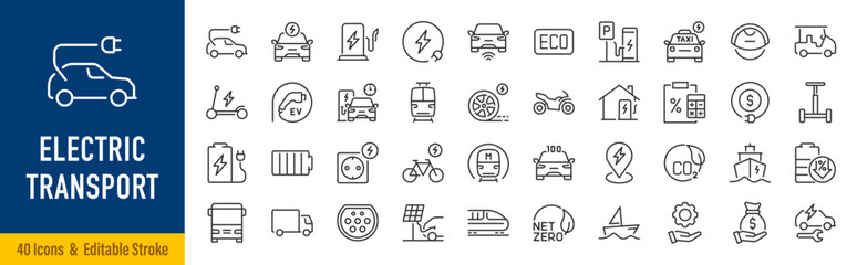 Electric vehicle or transport web icons in line style editable stroke. Electric car, battery, charging station, solar panel, range, plug, collection. Editable stroke. Vector illustration.