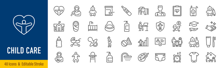 Obraz na płótnie Canvas Child care web icons in line style editable stroke. Nurse, healthy eating, sleep, hygiene, crib, toys, infant, collection. Editable stroke. Vector illustration.