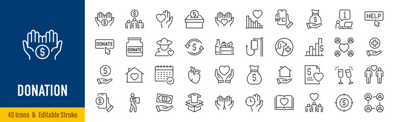 Donation web icons in line style. Charity, now, money, nonprofit, donor, volunteer, community, collection. Editable stroke. Vector illustration.