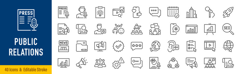 Public Relations web icons in line style. Social media, interview, reputation, press, feedback, planning, news, collection. Editable stroke. Vector illustration.