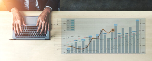 Business professional conducts financial data analysis on a laptop. Graphs illustrate market trends, offering valuable insights into strategic decision-making processes. Scalp