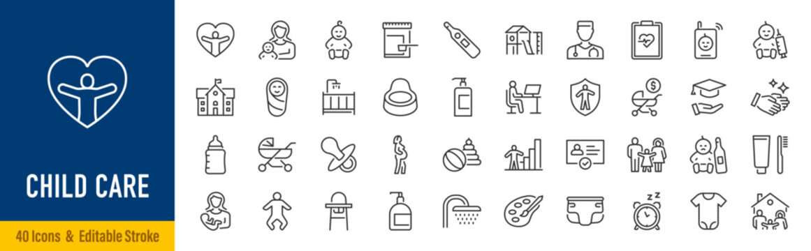 Child care web icons in line style editable stroke. Nurse, healthy eating, sleep, hygiene, crib, toys, infant, collection. Editable stroke. Vector illustration.