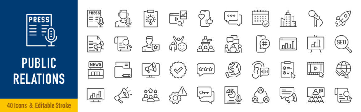 Public Relations web icons in line style. Social media, interview, reputation, press, feedback, planning, news, collection. Editable stroke. Vector illustration.